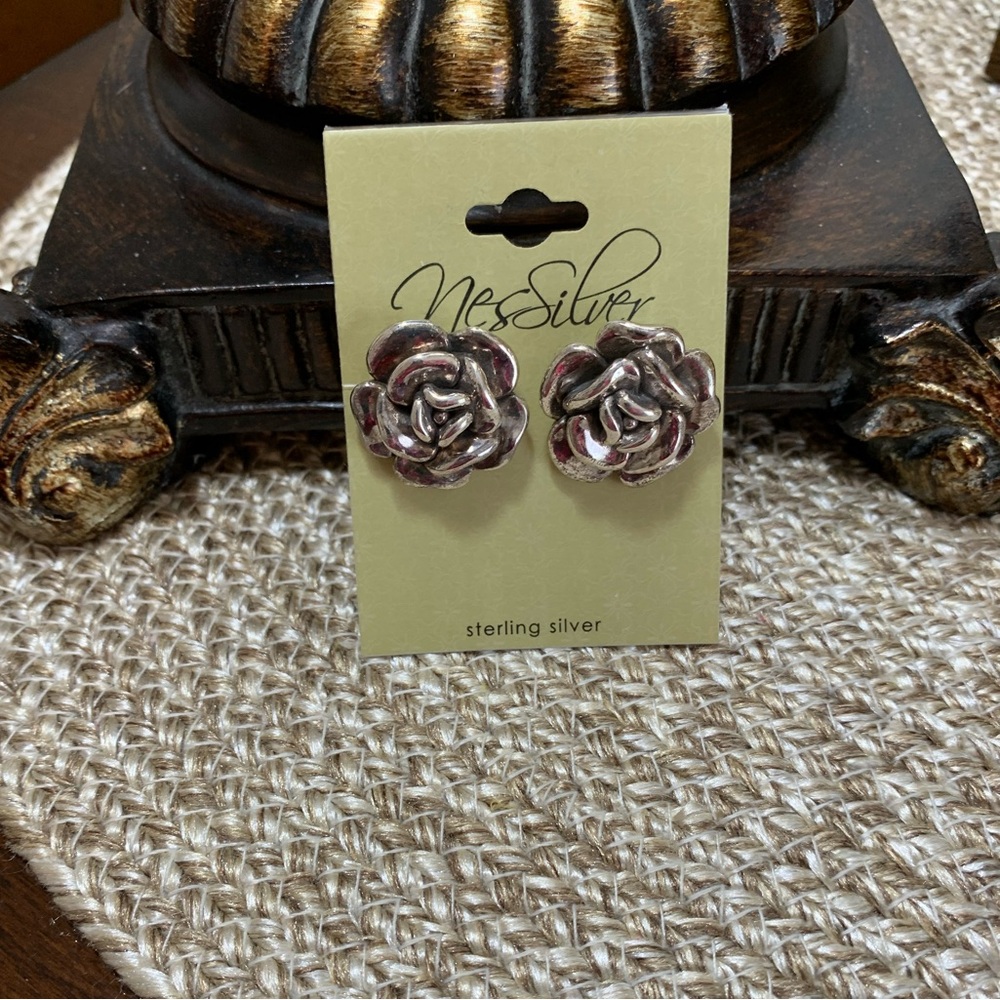 925 Sterling Silver Rose Stud Earrings - Picture 2 of 5